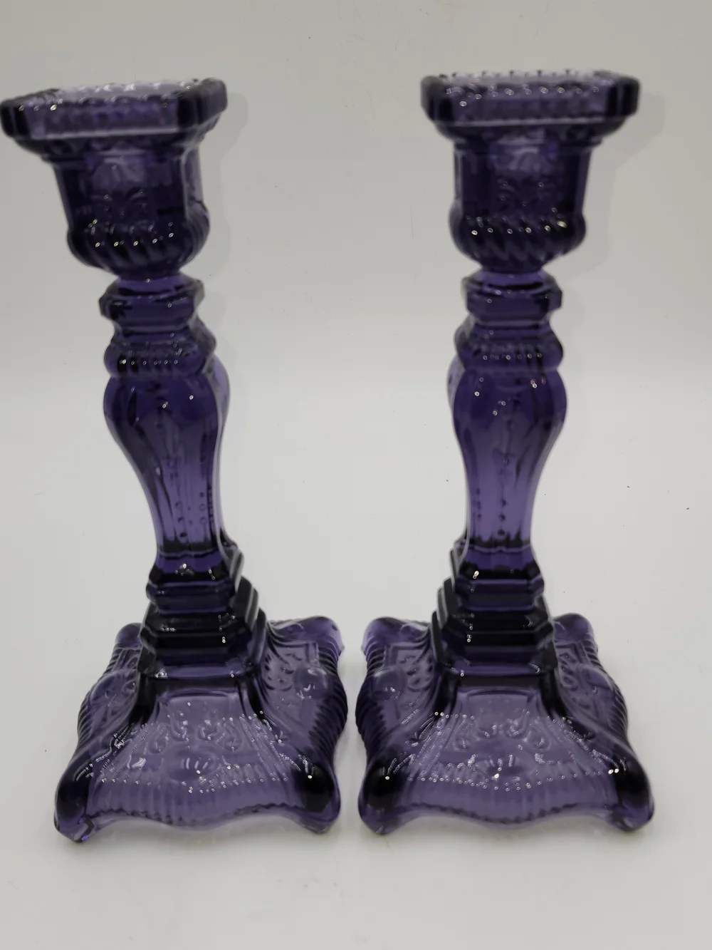 Vintage  Glass Candlestick Pair Godinger  Yorktown PURPLE AMETHYST YORKTOWN